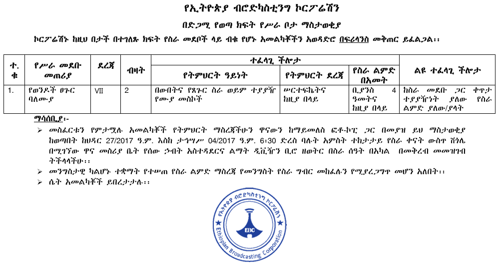 ክፍት የሥራ ቦታ ማስታወቂያ:- የኢትዮጵያ ብሮድካስቲንግ ኮርፖሬሽን